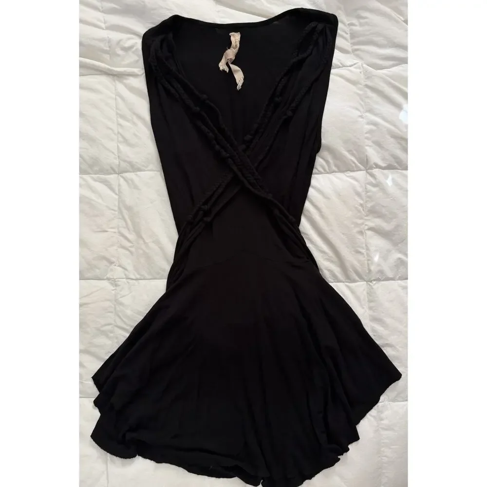 Anthropologie Bailey 44‎ Vintage Y2K Black Jersey Wrap Rope Boho Mini Dress Moto